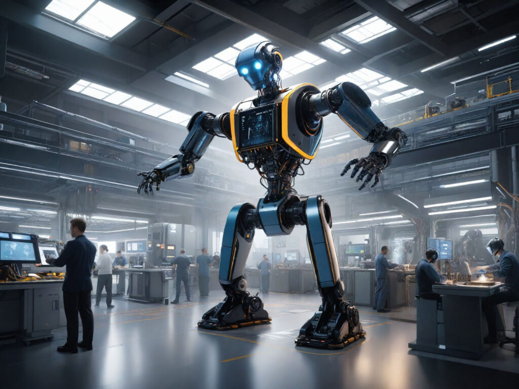 A huge robot standing in a lab of engineers