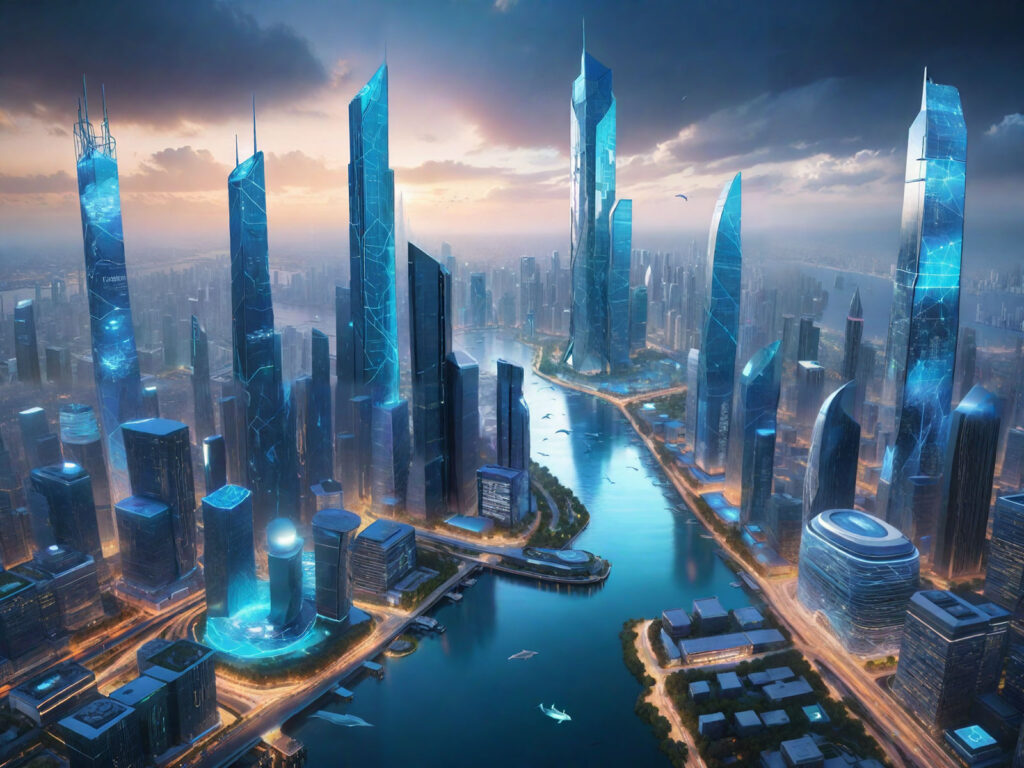 A futuristic city made of glass